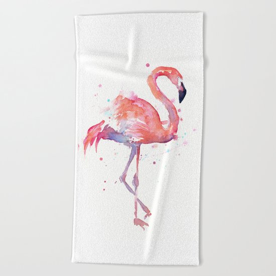 Pink Flamingo Watercolor | Tropical Animals Bird Flamingos Beach Towel