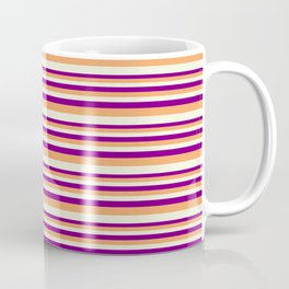 [ Thumbnail: Purple, Brown & Beige Colored Striped/Lined Pattern Coffee Mug ]