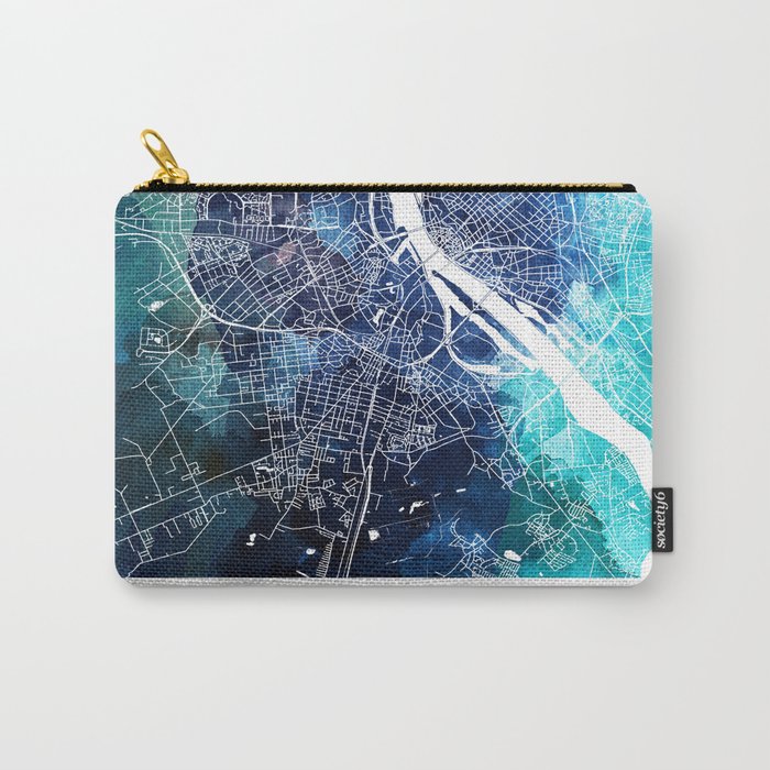 Riga Map Navy Blue Turquoise Watercolor Riga Latvia City Street Map Carry-All Pouch