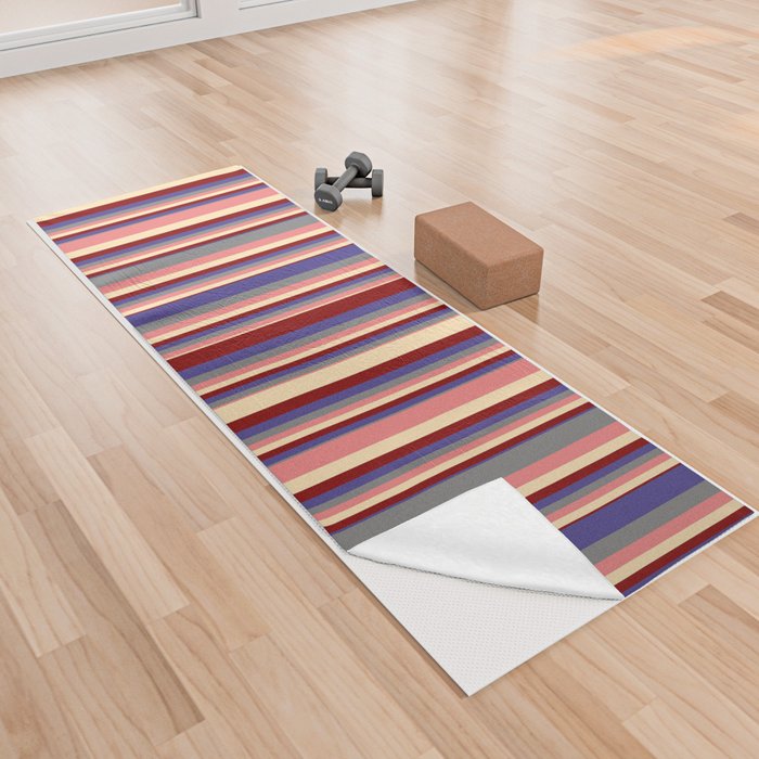 Eyecatching Grey, Dark Slate Blue, Maroon, Beige, and Light Coral Colored Striped Pattern Yoga Towel