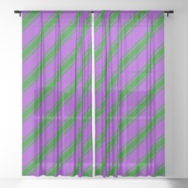[ Thumbnail: Dark Orchid and Green Colored Striped Pattern Sheer Curtain ]