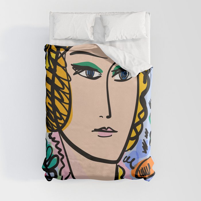 Pastel Portrait of Woman with flowers Duvet Cover