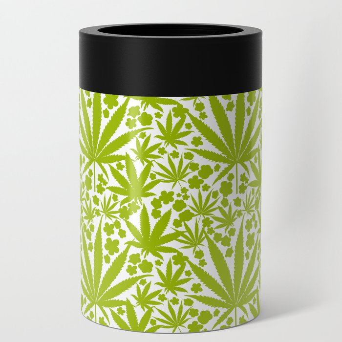 Cannabis And Flowers Retro Modern Pattern Green Can Cooler