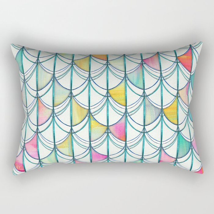 Pencil & Paint Fish Scale Cutout Pattern - white, teal, yellow & pink Rectangular Pillow