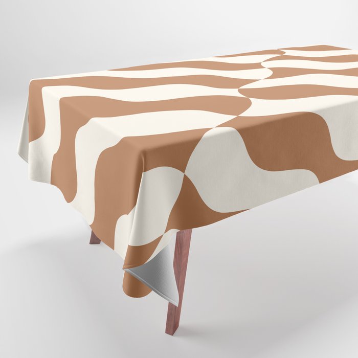 Retro Wavy Abstract Swirl Lines in Brown & White Tablecloth