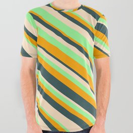 [ Thumbnail: Orange, Dark Slate Gray, Bisque, and Green Colored Lined/Striped Pattern All Over Graphic Tee ]