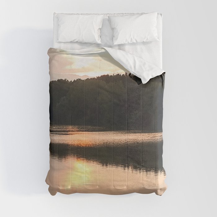 Pastel pink lake sunset landscape Comforter