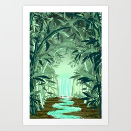 Fluorescent Waterfall on Surreal Bamboo Forest Art Print