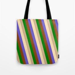 [ Thumbnail: Eye-catching Brown, Green, Tan, Beige & Slate Blue Colored Pattern of Stripes Tote Bag ]