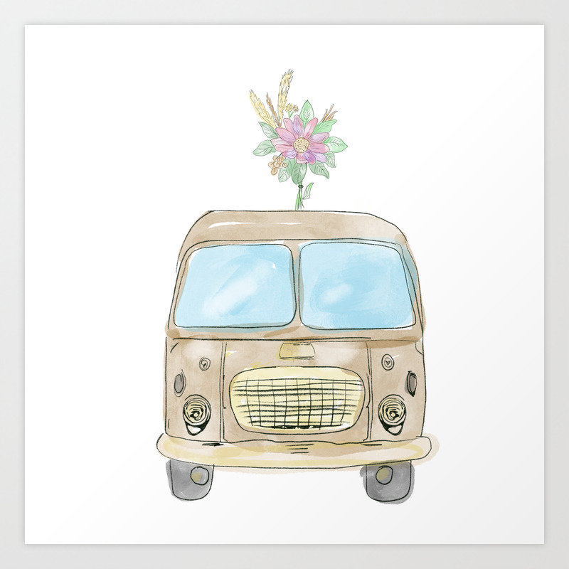Vintage Watercolor Car With Flowers Art Print By Hel Art Society6