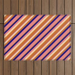 [ Thumbnail: Blue, Light Coral, Tan & Chocolate Colored Lined/Striped Pattern Outdoor Rug ]