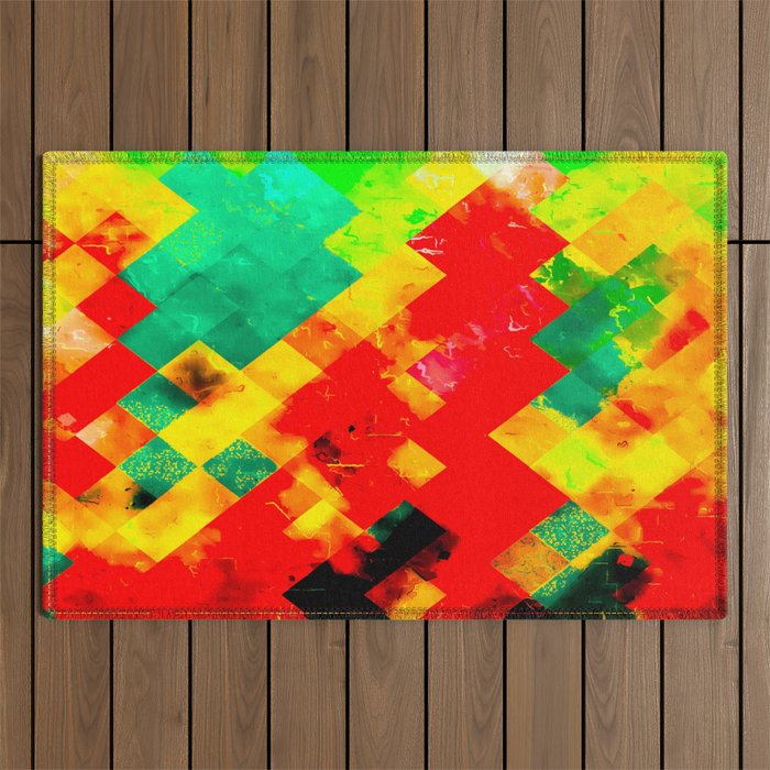 geometric square pixel pattern abstract in red yellow green Outdoor Rug