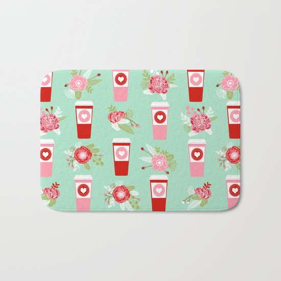 Coffee valentines day gifts mint and pink floral bouquet flowers pattern print Bath Mat