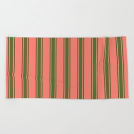 [ Thumbnail: Salmon & Dark Olive Green Colored Stripes Pattern Beach Towel ]