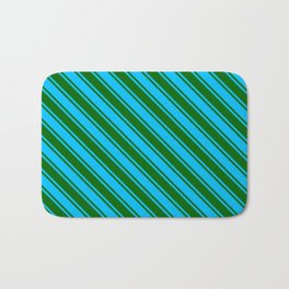 [ Thumbnail: Deep Sky Blue & Dark Green Colored Pattern of Stripes Bath Mat ]