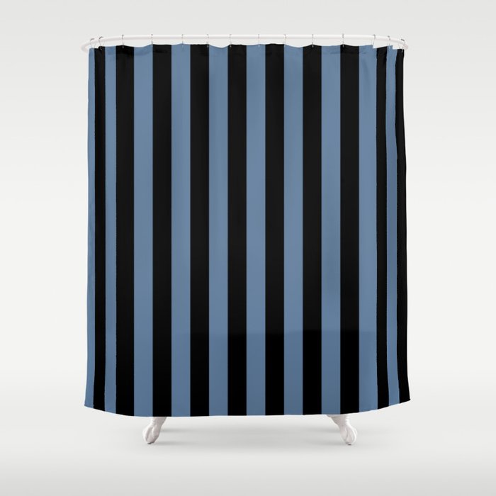 Slate Blue and Black Straight Vertical Stripes  Shower Curtain