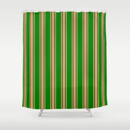 [ Thumbnail: Green and Dark Salmon Colored Lines/Stripes Pattern Shower Curtain ]