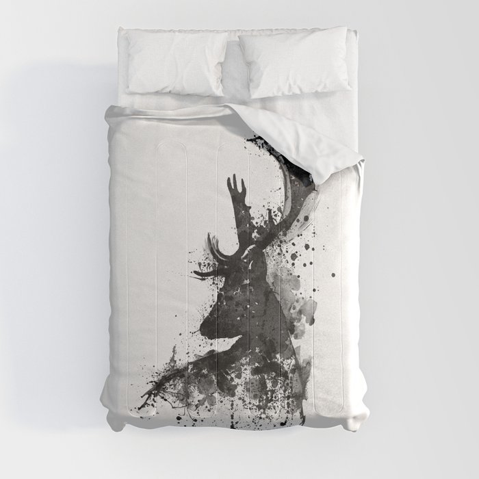 Deer Head Watercolor Silhouette - Black and White Comforter