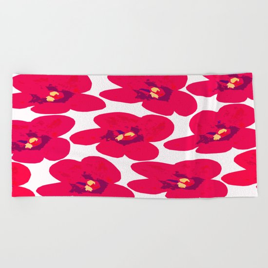Red Retro Flowers Beach Towel