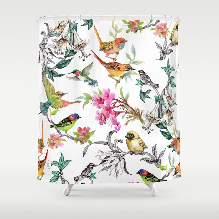 Watercolor hand drawn seamless pattern with tropical summer flowers and exotic birds on white background Shower Curtain