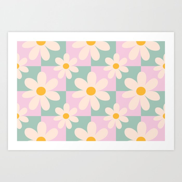 Daisy checkered pattern - Lilac and turquoise  Art Print
