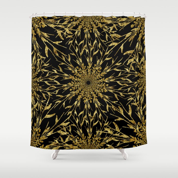 Gold glitter nature elements on black Shower curtain