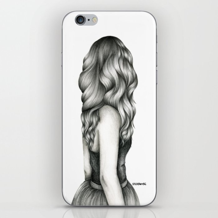Black White Pencil Sketch Wavy Hair Girl Iphone Skin By