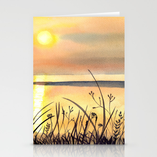 Sunset By The Water Watercolor Painting Stationery Cards By