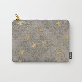 Elegant Gray Damask Gold Cursive Bee Collage Pattern Carry-All Pouch