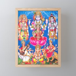 Lakshmi showering money with Ganesha, Saraswati, Shiva, Vishnu, and Durga  Framed Mini Art Print