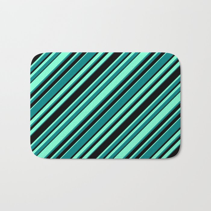 Aquamarine, Teal, and Black Colored Pattern of Stripes Bath Mat