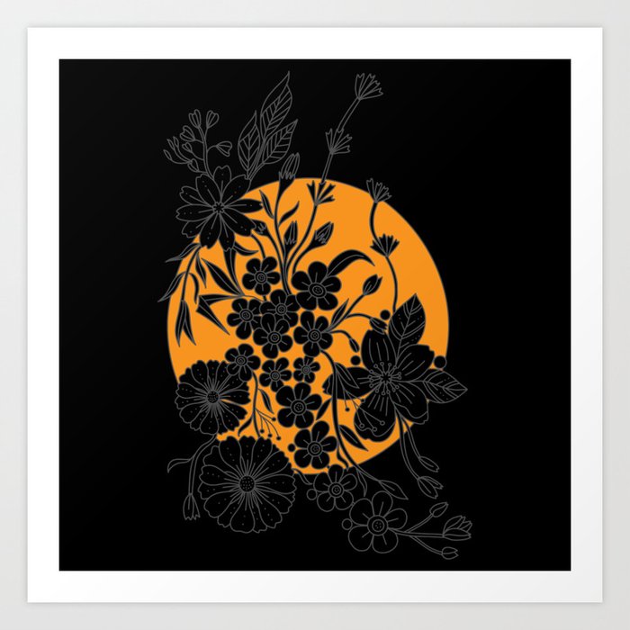 Zentangle black flowers with orange sun Art Print
