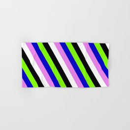[ Thumbnail: Eyecatching Chartreuse, Blue, Violet, White & Black Colored Striped Pattern Hand & Bath Towel ]