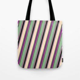 [ Thumbnail: Dark Sea Green, Purple, Bisque, and Black Colored Lines Pattern Tote Bag ]