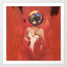 Disco Girl Art Print | Woman, Vintage, Fire, Mirrorball, Surreal, Disco, Discoball, Flames, Sexy, Ad 