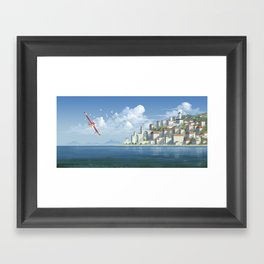 Red bird and coastal city Framed Art Print