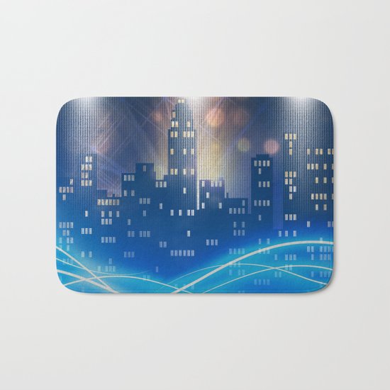 Neon city skyline by night metallic look print Bath Mat