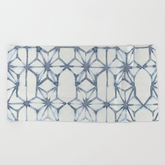 Simply Shibori Stars in Indigo Blue on Lunar Gray Beach Towel