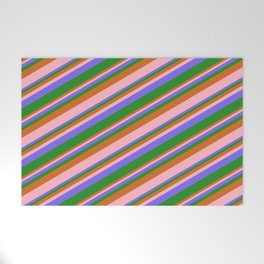 [ Thumbnail: Chocolate, Light Pink, Medium Slate Blue, and Forest Green Colored Stripes/Lines Pattern Welcome Mat ]
