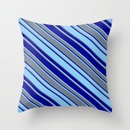 [ Thumbnail: Light Sky Blue, Slate Gray, and Dark Blue Colored Striped/Lined Pattern Throw Pillow ]