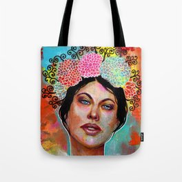Flower Rainbow Girl in Mixed Media Tote Bag