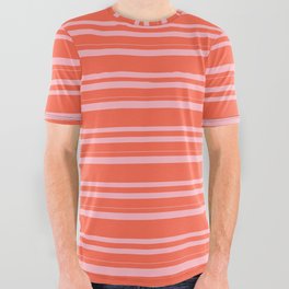 [ Thumbnail: Red & Light Pink Colored Lined Pattern All Over Graphic Tee ]