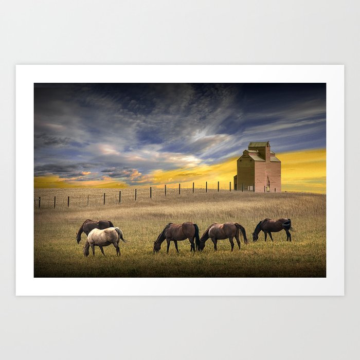 Evening on the Prairie with Grain Elevator and Grazing Horses Art Print