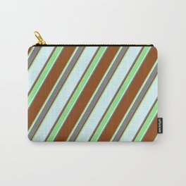 [ Thumbnail: Brown, Light Green, Light Cyan, and Grey Colored Lined Pattern Carry-All Pouch ]