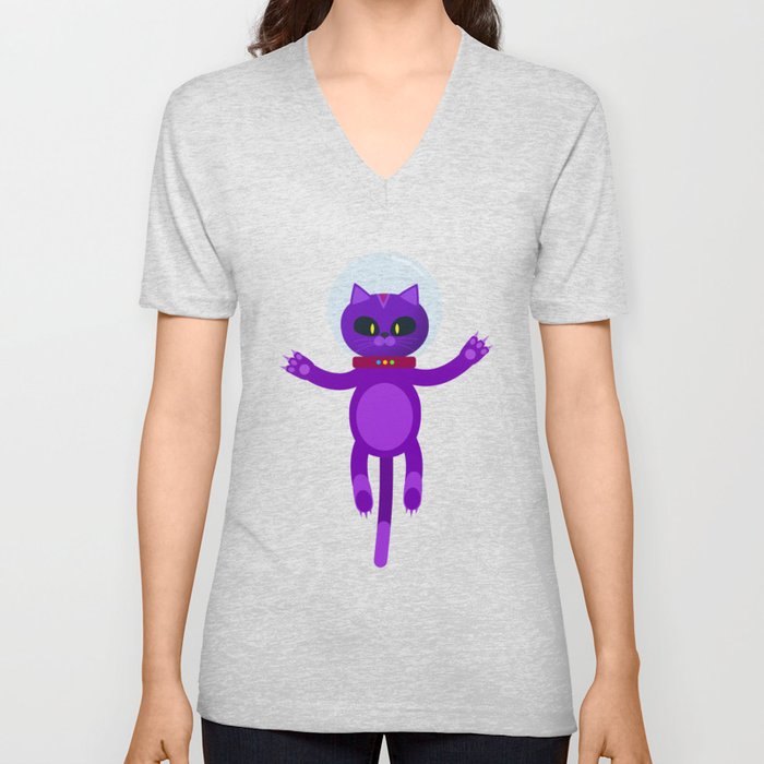Funny alien cat flying in the space with astronaut helmet V Neck T Shirt