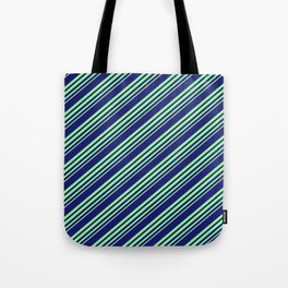 [ Thumbnail: Midnight Blue and Green Colored Stripes Pattern Tote Bag ]