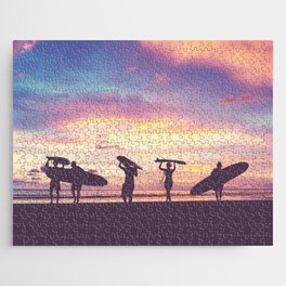 Silhouette Of surfer people carrying their surfboard on sunset beach, vintage filter effect with soft style Jigsaw Puzzle