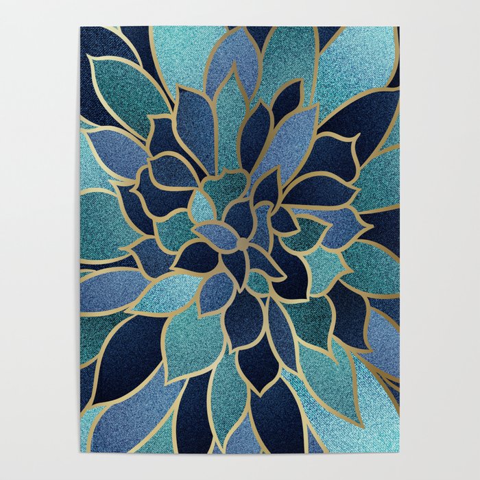 Festive, Floral Prints, Navy Blue, Teal and Gold Poster