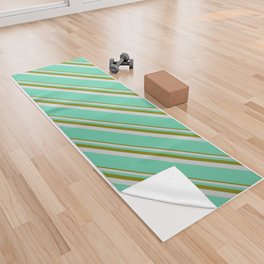 [ Thumbnail: Green, Light Grey & Aquamarine Colored Lined Pattern Yoga Towel ]