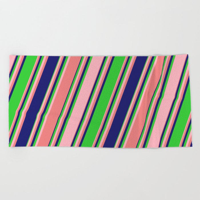 Lime Green, Light Pink, Light Coral & Midnight Blue Colored Lines/Stripes Pattern Beach Towel
